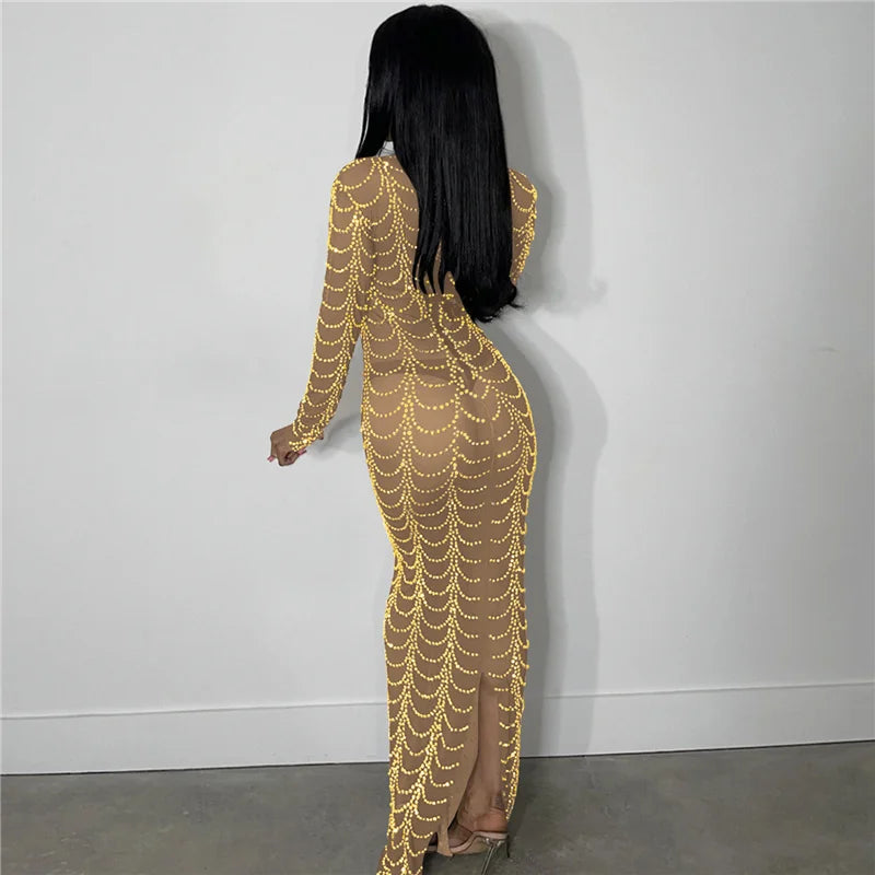 Sparkly Crystal Rhinestone Bodycon Maxi Dress