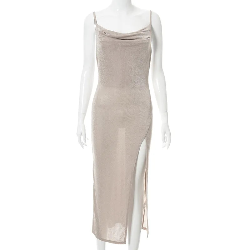 Sexy Dresses for Women High Split Party Dresses Spaghetti Straps Cowl Neck Long Dresses Backless Bodycon Dress For Girls
