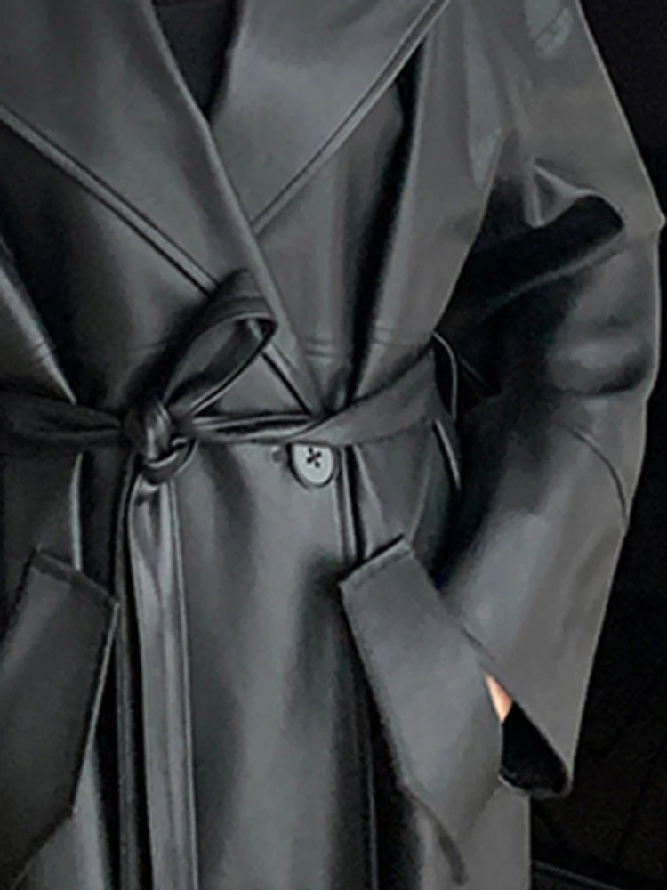 Lautaro-Long Black Leather Trench Coat for Women