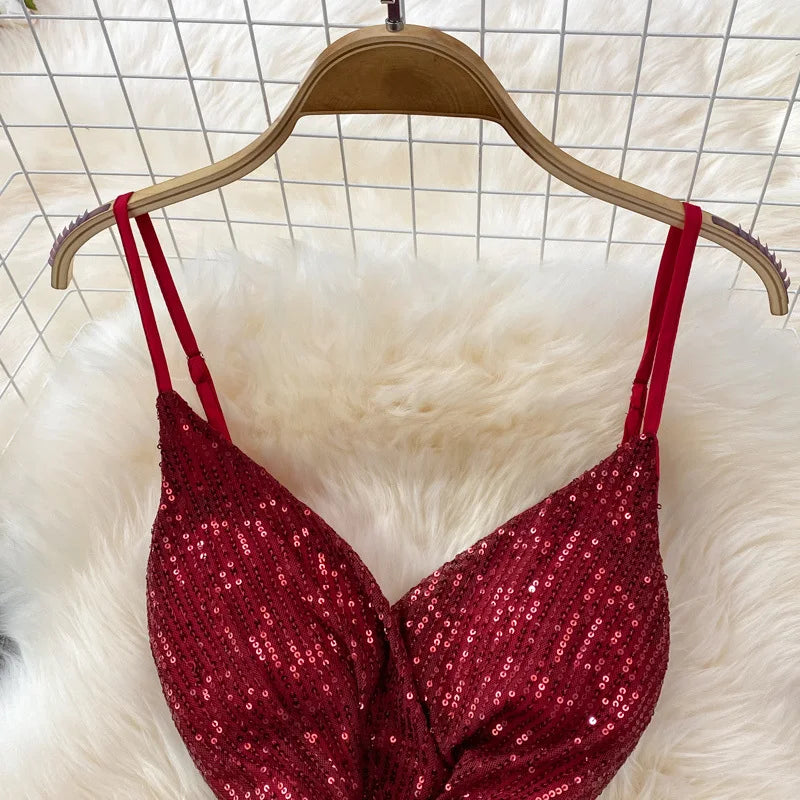 Sexy Party Dress Women Elegant Sequins Glitter Evening Club Dresses Deep V-neck Spaghetti Strap Sleeveless Split Long Maxi Dress