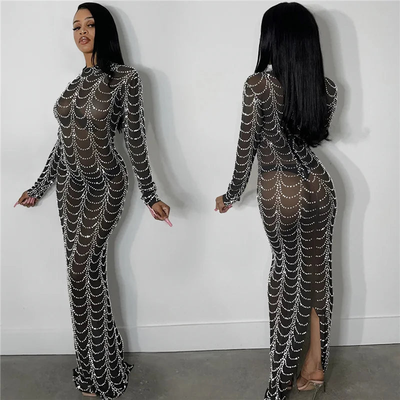 Sparkly Crystal Rhinestone Bodycon Maxi Dress