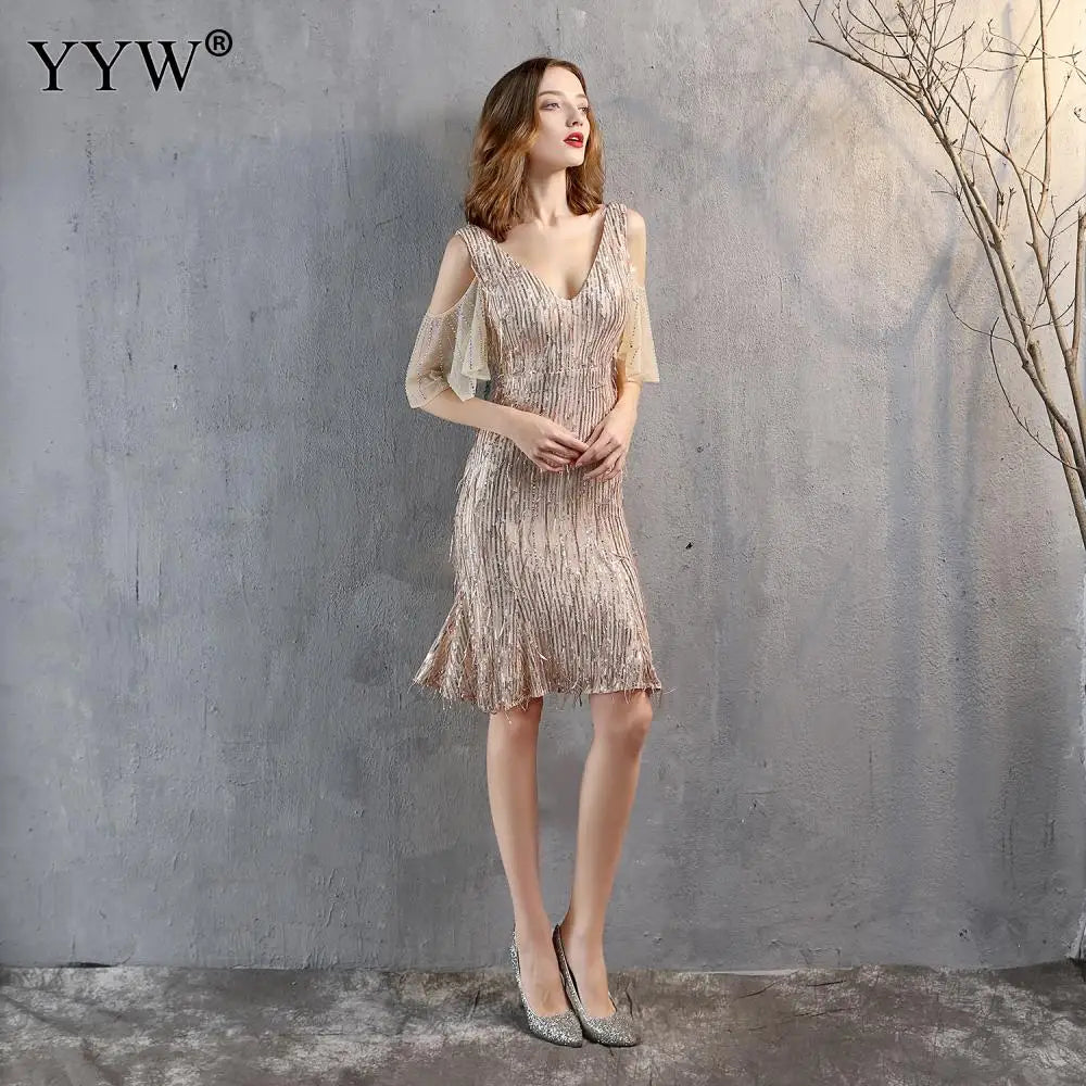 Women Sexy Short Evening Dress Vintage Bling Sequin Deep V Party Dresses Sleeveless Tassel Fashion Anniversary Party Vestidos