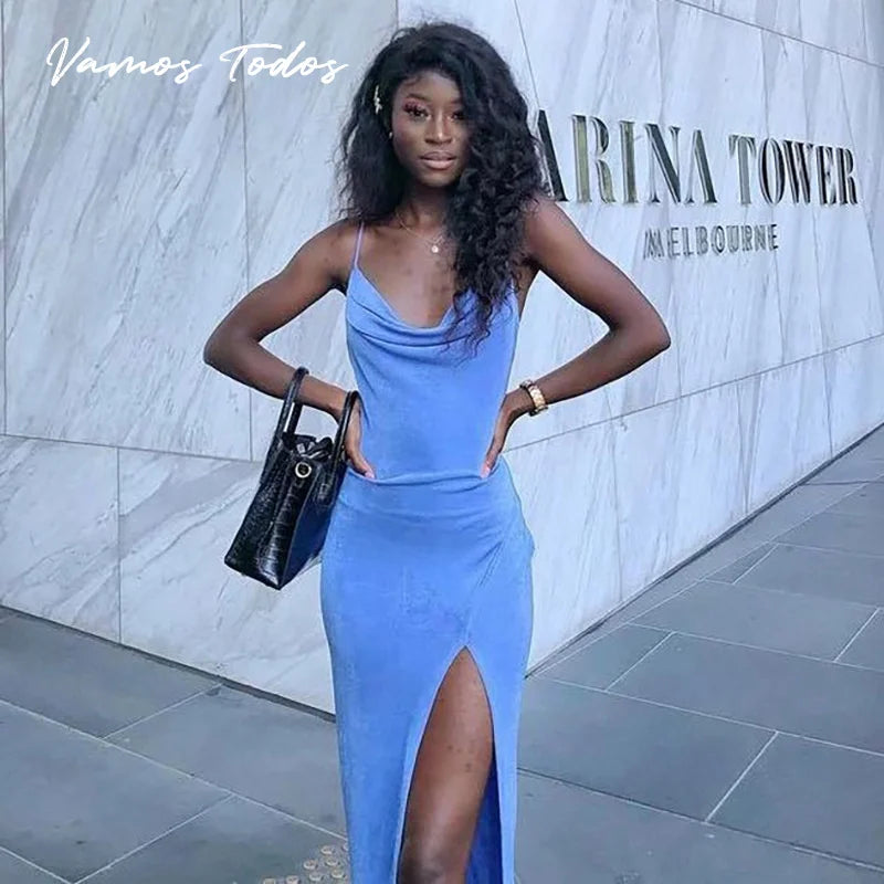 Sexy Dresses for Women High Split Party Dresses Spaghetti Straps Cowl Neck Long Dresses Backless Bodycon Dress For Girls