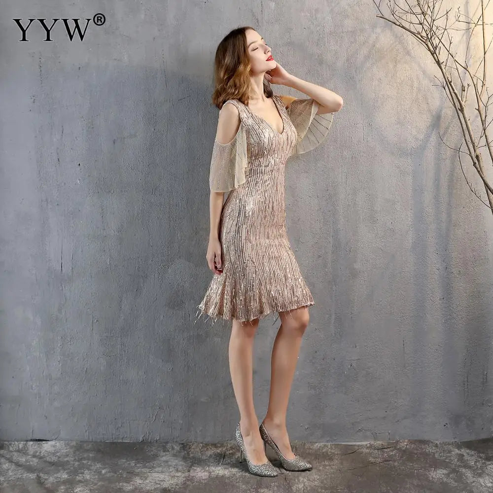 Women Sexy Short Evening Dress Vintage Bling Sequin Deep V Party Dresses Sleeveless Tassel Fashion Anniversary Party Vestidos