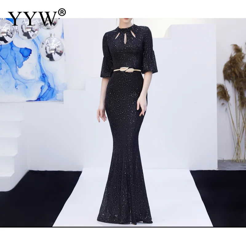 Sexy Deep V Neck Women Evening Dress Sequined Robe De Soiree Flare Sleeve Backless Ladies Elegant Long Party Dress Vestidos