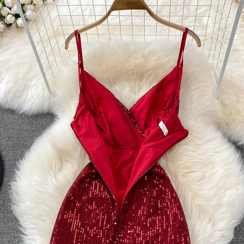 Sexy Party Dress Women Elegant Sequins Glitter Evening Club Dresses Deep V-neck Spaghetti Strap Sleeveless Split Long Maxi Dress