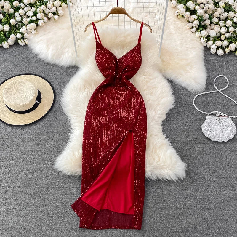 Sexy Party Dress Women Elegant Sequins Glitter Evening Club Dresses Deep V-neck Spaghetti Strap Sleeveless Split Long Maxi Dress