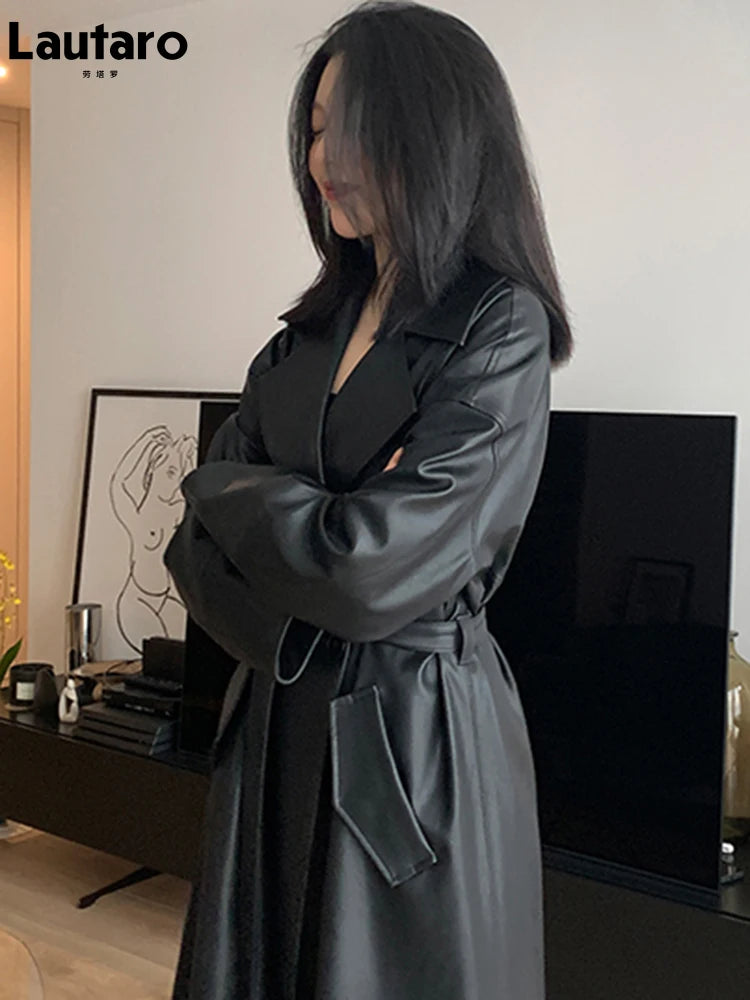 Lautaro-Long Black Leather Trench Coat for Women