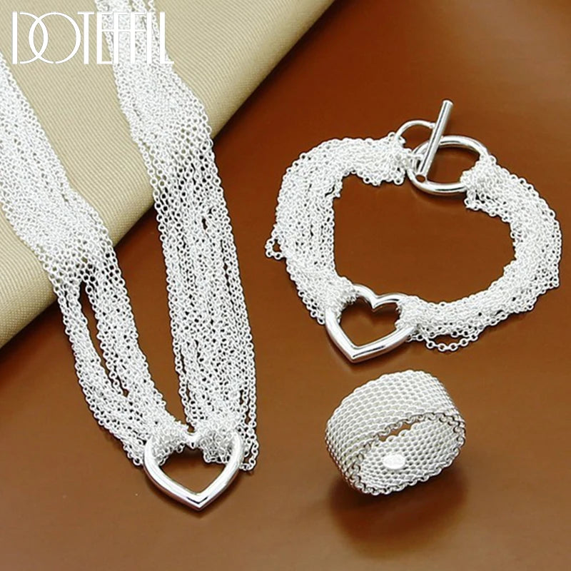 925 Sterling Silver Heart Necklace Bracelet Ring Set