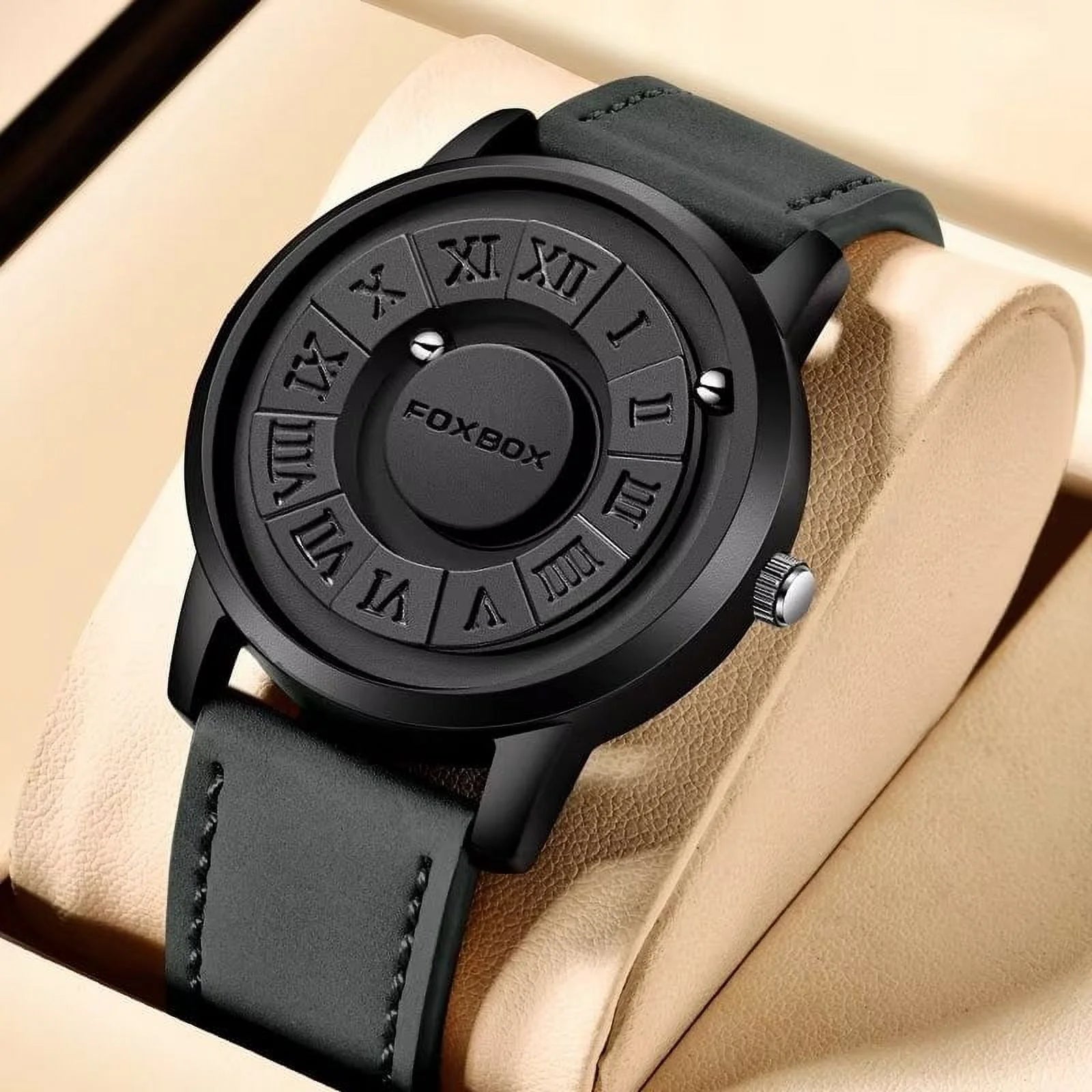 FOXBOX Watch Man Creative Scrolling Pointer Magnetic Force Quartz Wristwatch Genuine Leather Mens Watches