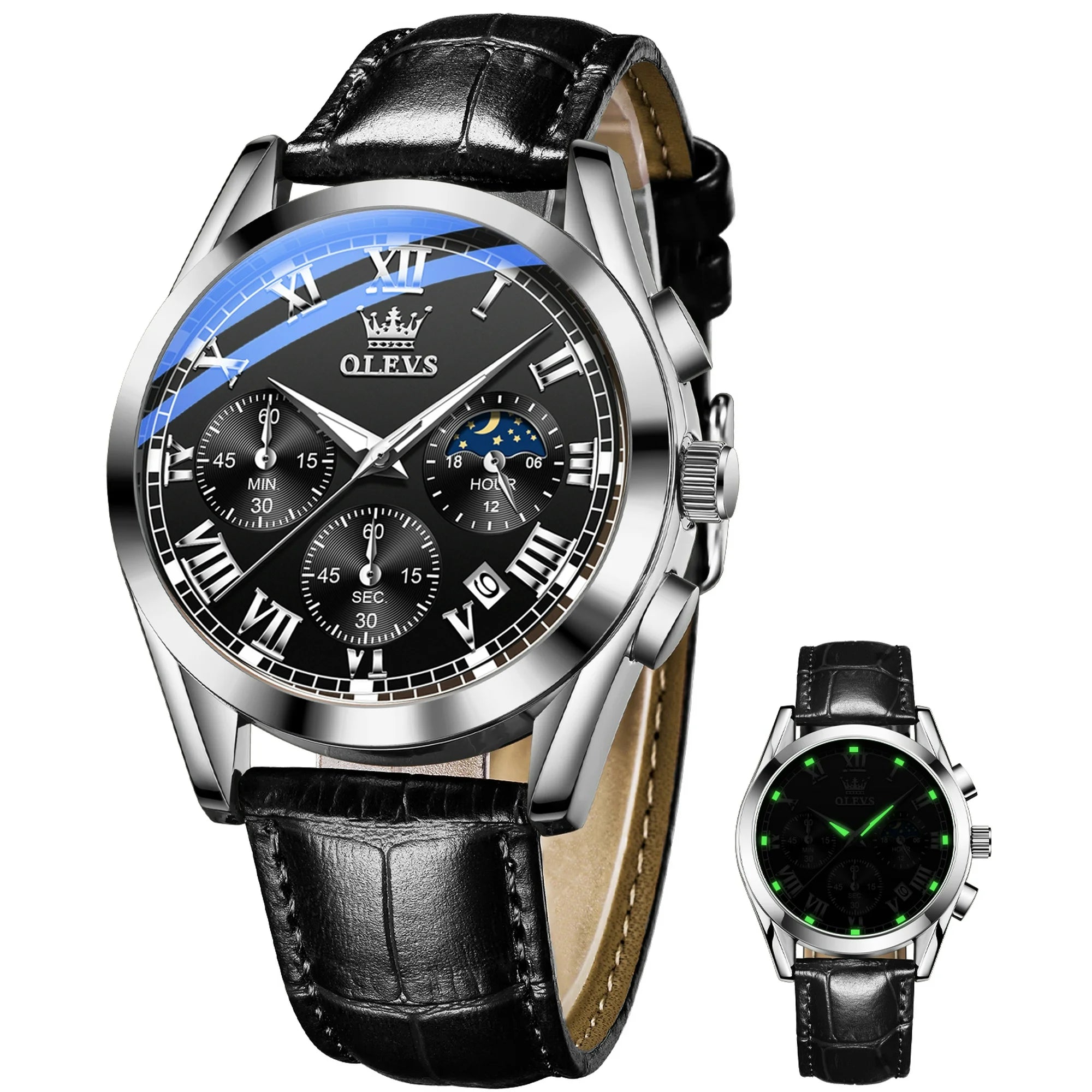 Leather Strap Date Silver Classic Watch for Men