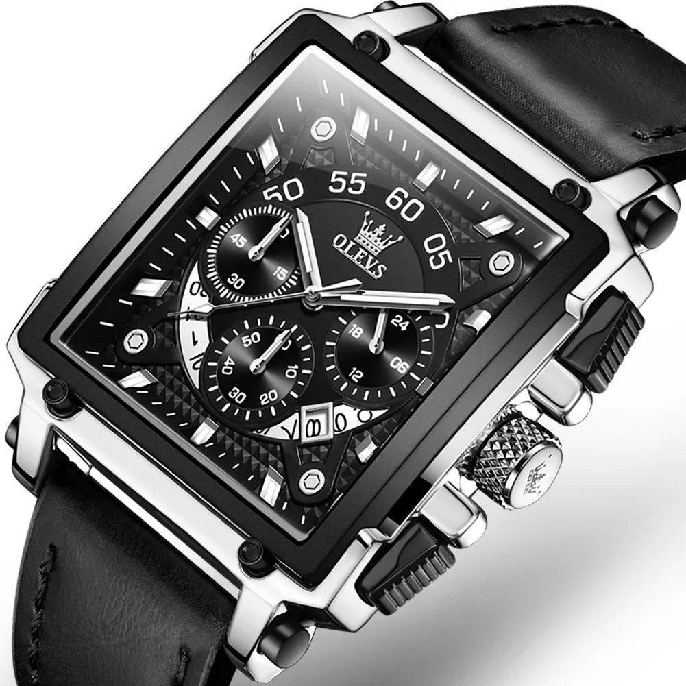 OLEVS Square Watches for Men Brown Leather Chronograph Fashion Business Watch