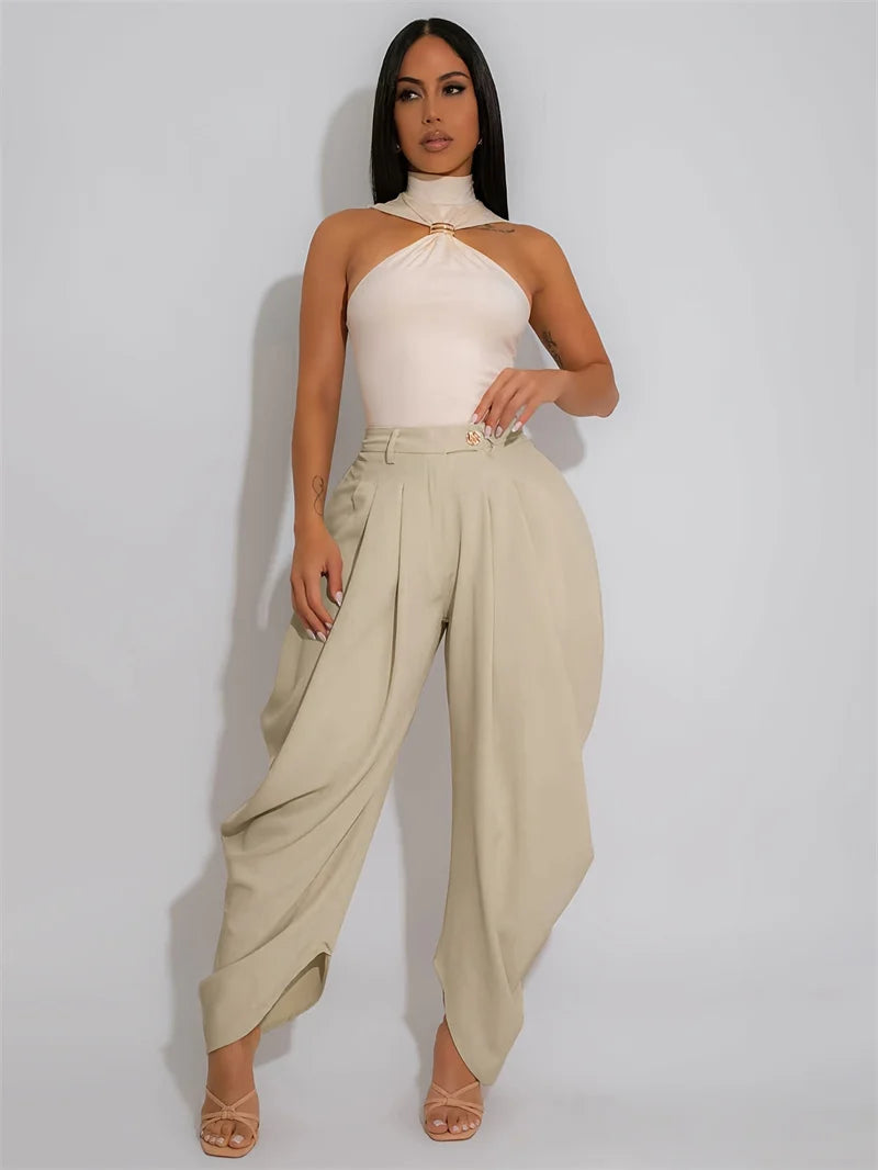 Doyerl Solid Elegant Pants for Woman Clothing Vintage High Waist Button Fly Pleated Ankle-length Ladies Trousers Pantalon Femme
