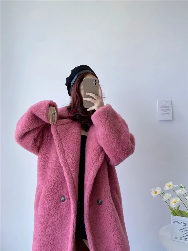 Winter Jacket Women Long Coat Wool Woven Fabric Thick Warm