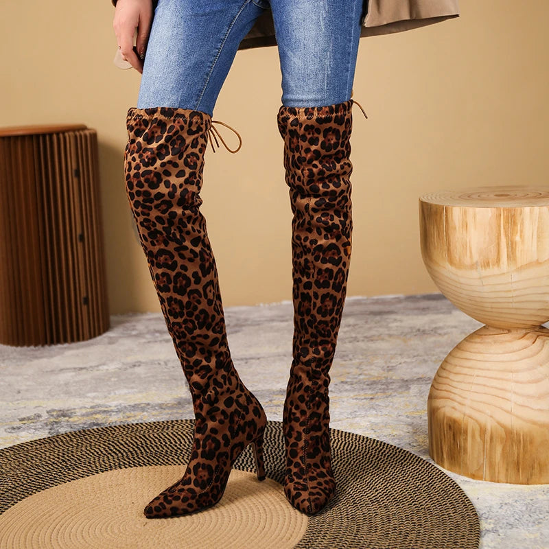 Ladies Fashion Leopard Print Over Knee Boots