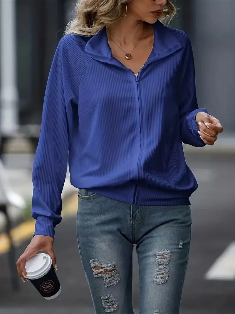 Women’s Lapel Loose Knit Zip-Up Jacket