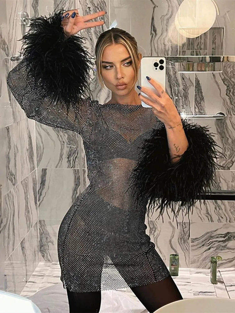 See Through Sexy Dress For Women Club Clothing Long Sleeves With Tassels Fishnet Vestidos De Mujer Bright Silk Bodycon Dresses