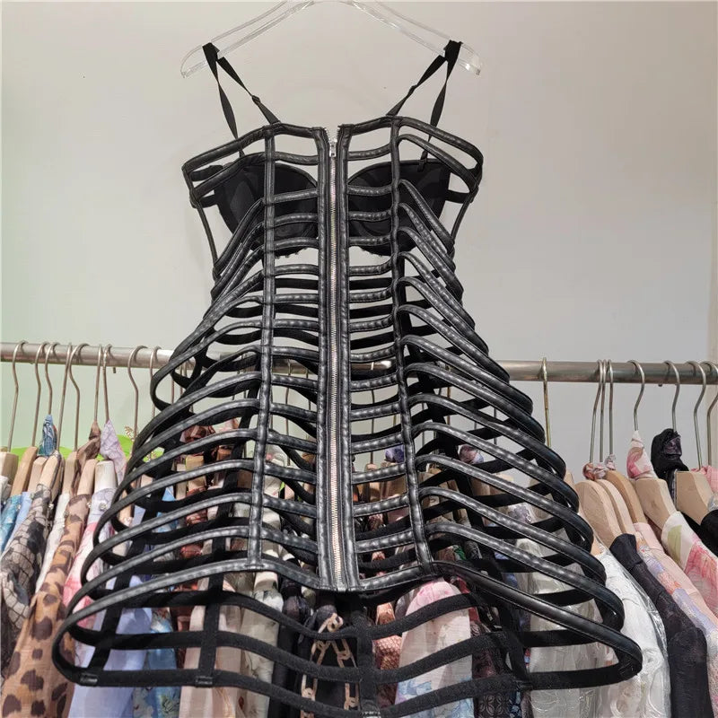 HKSH Women Ins Sexy PU Leather Dress Strap Studded Diamonds