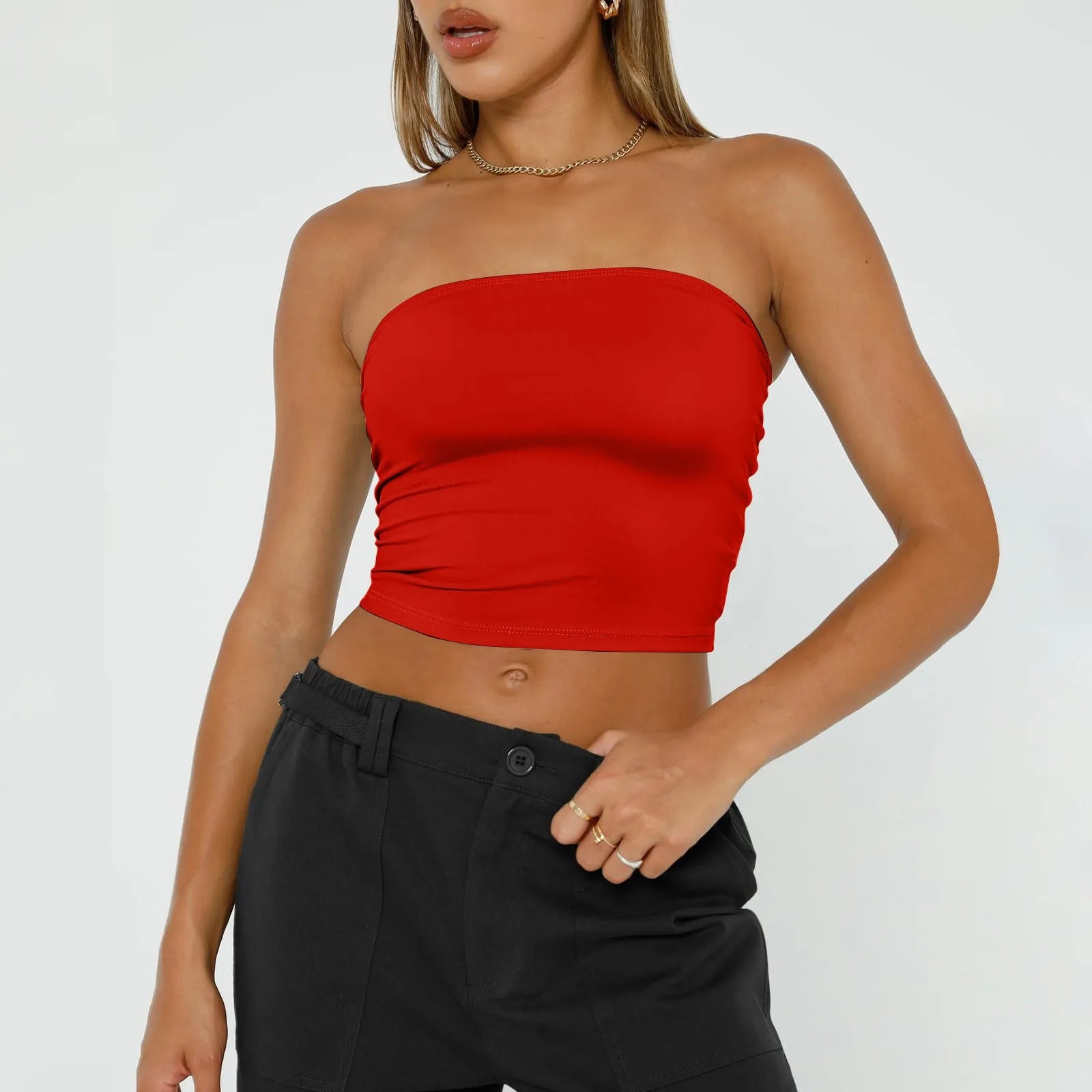 Womens Strapless Crop Tops Basic Backless Sleeveless Bandeau Cute Sexy Tops Trend Street Fashion Classic Solid Tube Tops