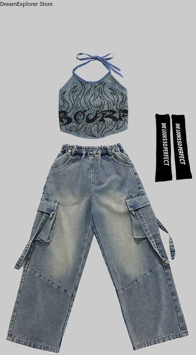 K-pop Girls' Denim Crop Top & Cargo Jeans Set
