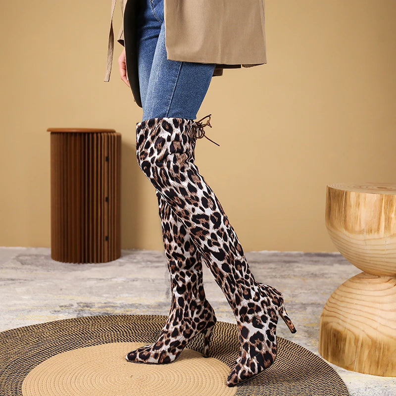 Ladies Fashion Leopard Print Over Knee Boots