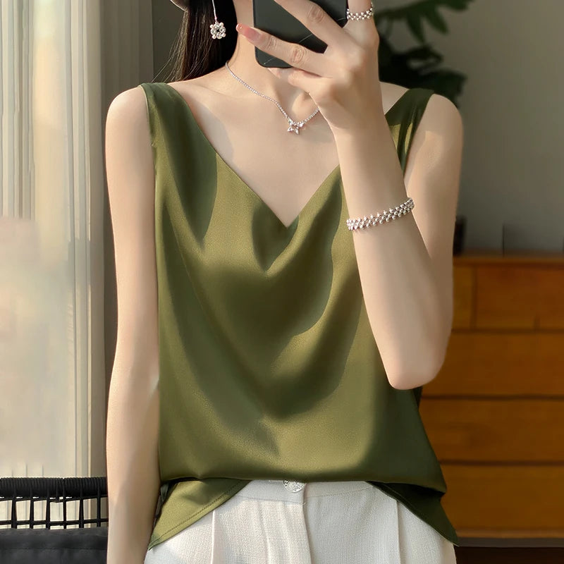 Silk Satin V-neck Sleeveless Tank TopSilk Satin V-neck Sleeveless Tank Top