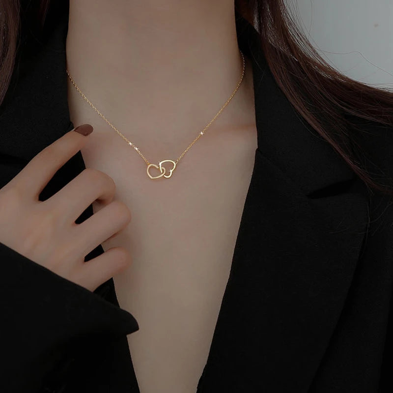 925 Sterling Silver Double Ring Heart Necklace
