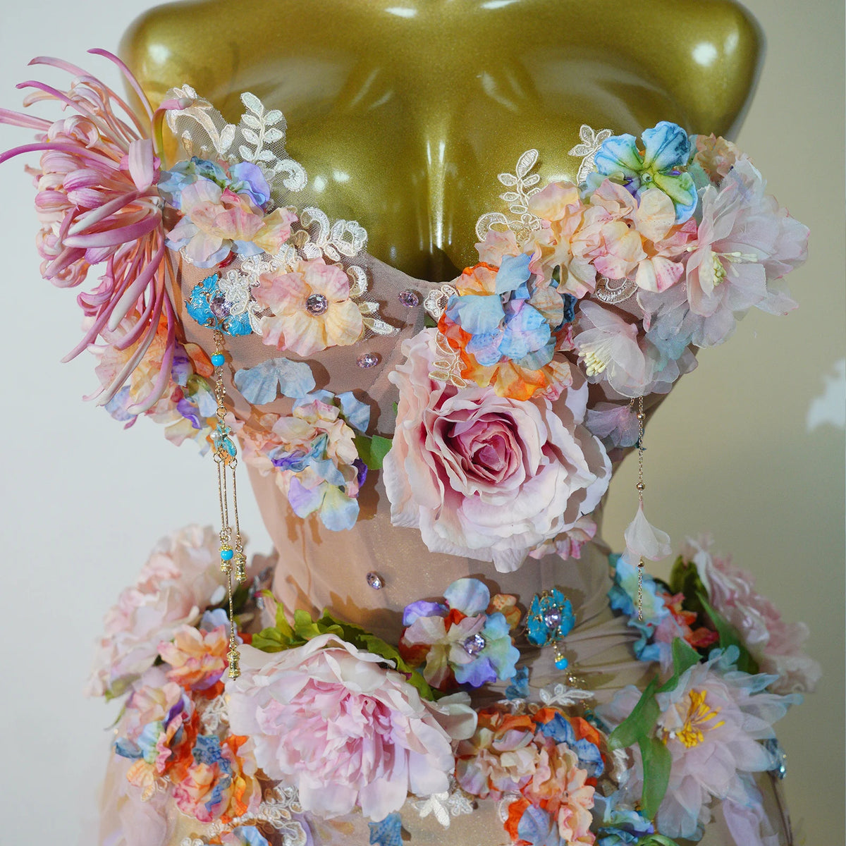 plus size 3D Floral Mesh Dress Fairy Garden Tassel Drag Queen Birthday