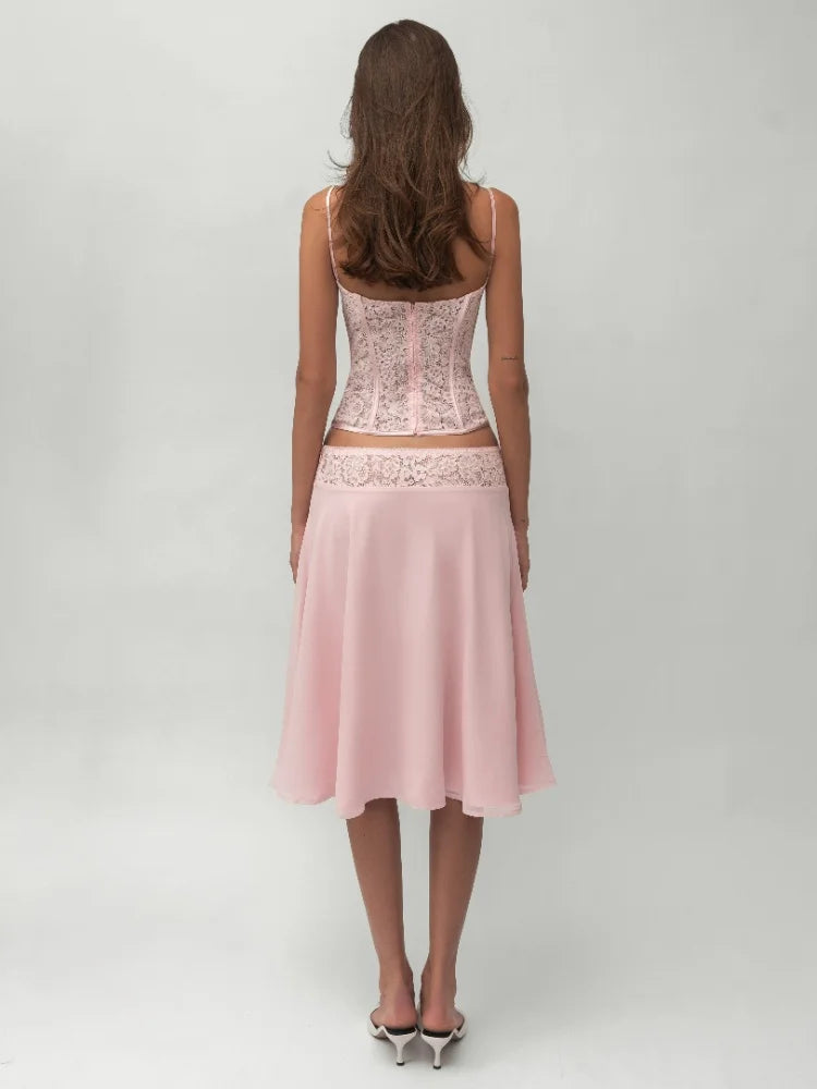 Chic Pink Lace Corset Two-Piece Set Women