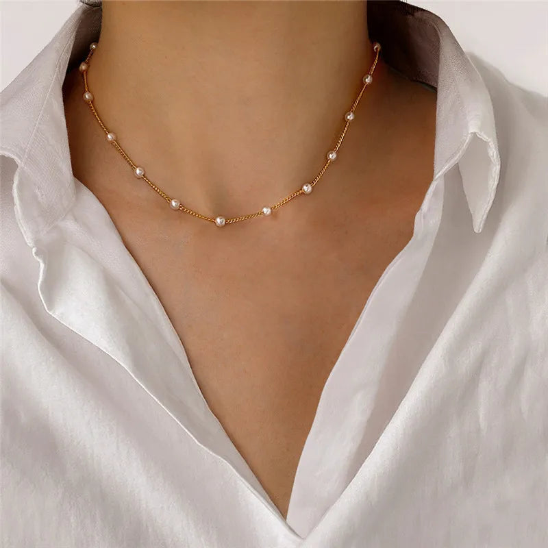 Simple Pearl Beads Gold Necklace