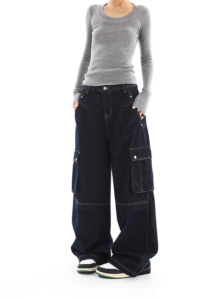Retro Multi-pocket Jeans Women High Street Trend Denim Cargo Pants Baggy High-waisted Straight Wide-leg Denim Trousers