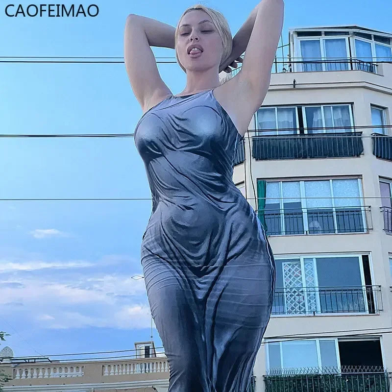 Printed Sexy Dry Wet Dress Women 2023 Sleeveless Backless Strap Long Close-fitting Sheath Female Party Evening Dresses Vestidos