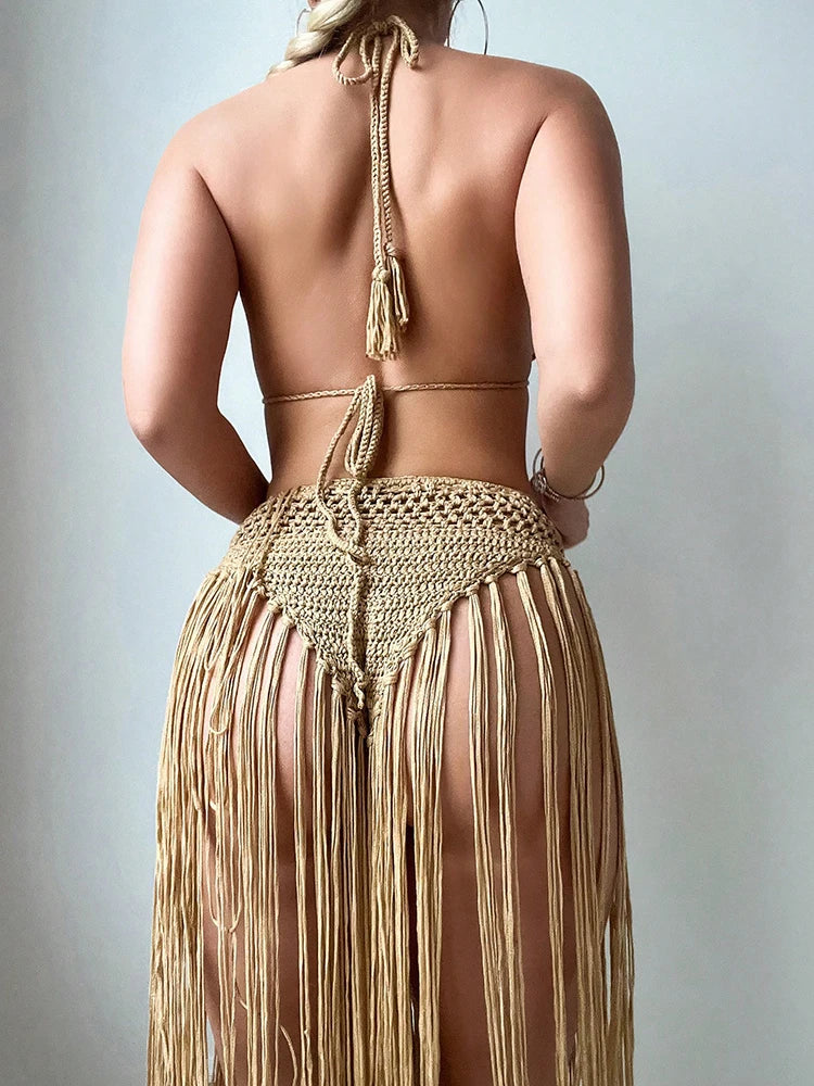 Women Floral Crochet Flower Long Tassel Bikini Set Summer Swimwear