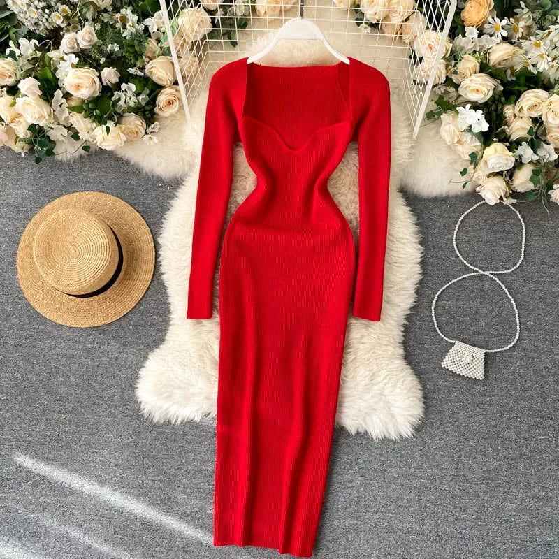 Dresses For Women 2026 Sexy Strapless Ribbed Knitted Bodycon Dress Women Winter Long Sleeve Midi Sweater Dress Clothes