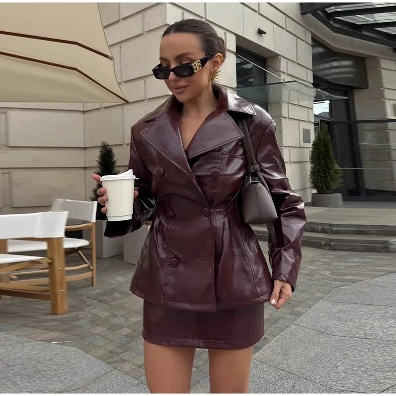 Fashion PU Leather Skirt Sets Women Lapel Long Sleeve