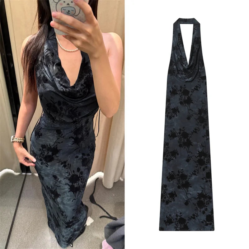 Women's Dress 2025 Autumn New Style Dark Gray Halter Neck Velour Sexy Patterned Dress Elegant and Graceful