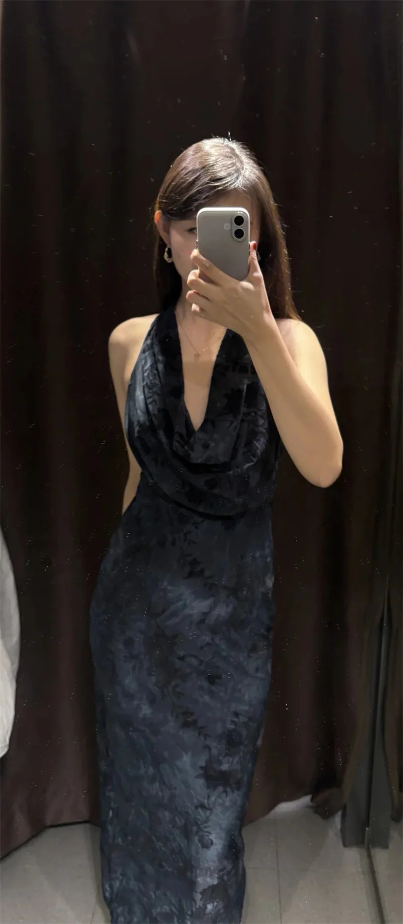 Women's Dress 2025 Autumn New Style Dark Gray Halter Neck Velour Sexy Patterned Dress Elegant and Graceful