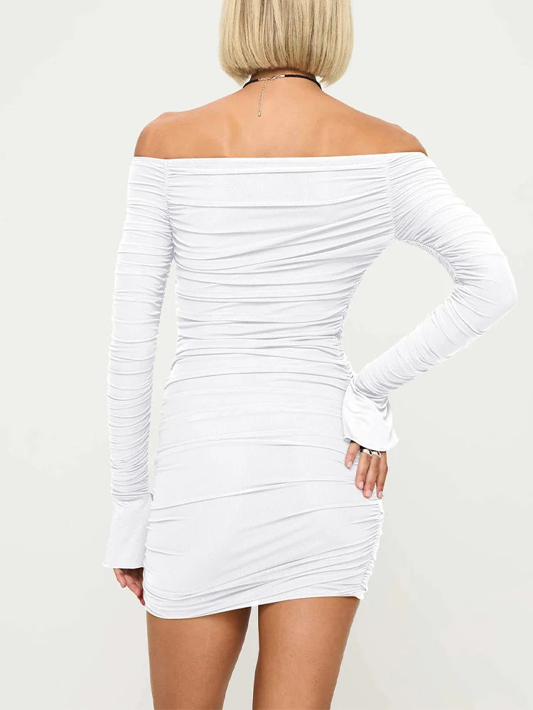 Women's Sexy Off - Shoulder Ruffled Dress with Flare Sleeves Fashion Party Dress