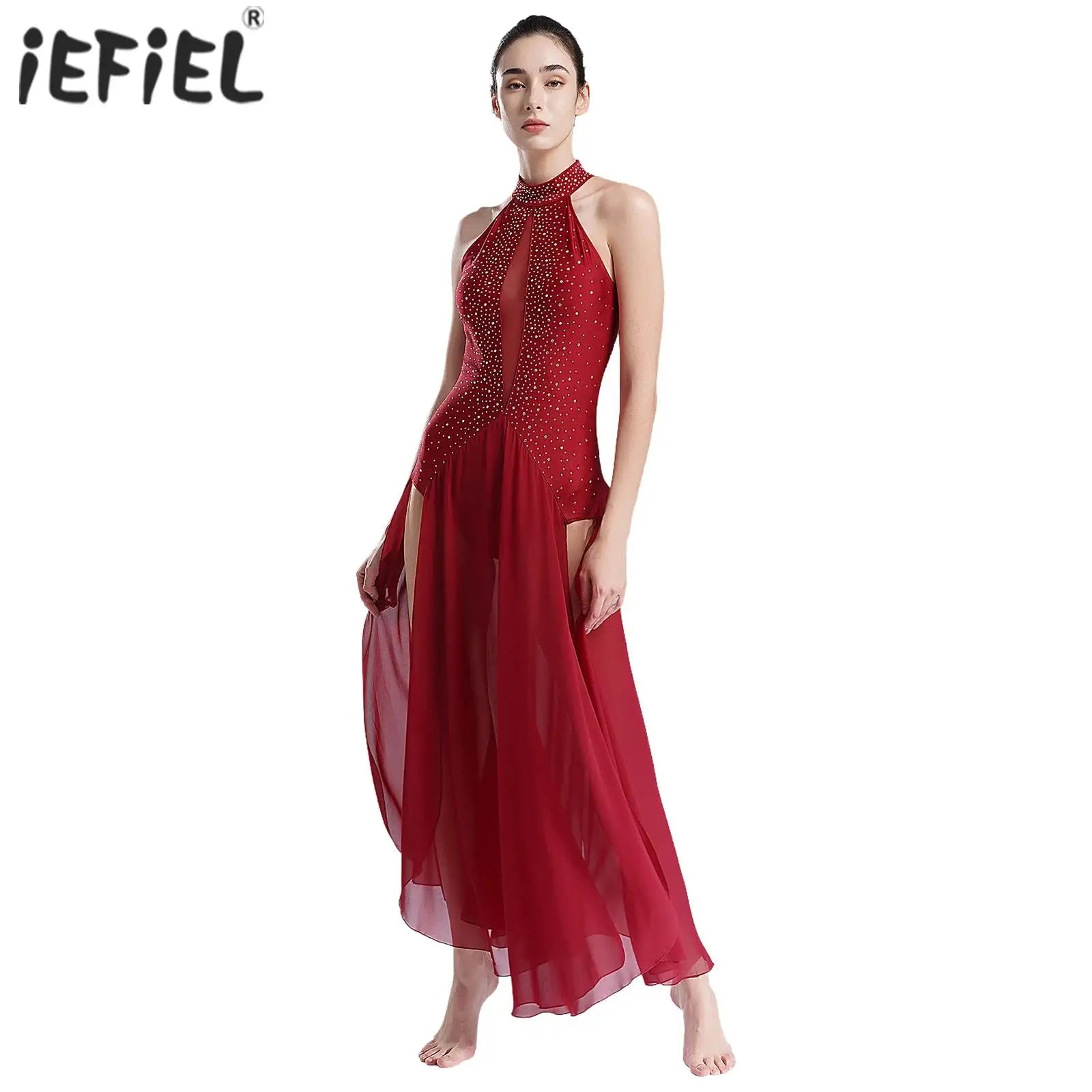 Womens Lyrical Dance Dress Modern Contemporary Dancewear Halter Strappy Back Rhinestones Split Dress for Performance Competition