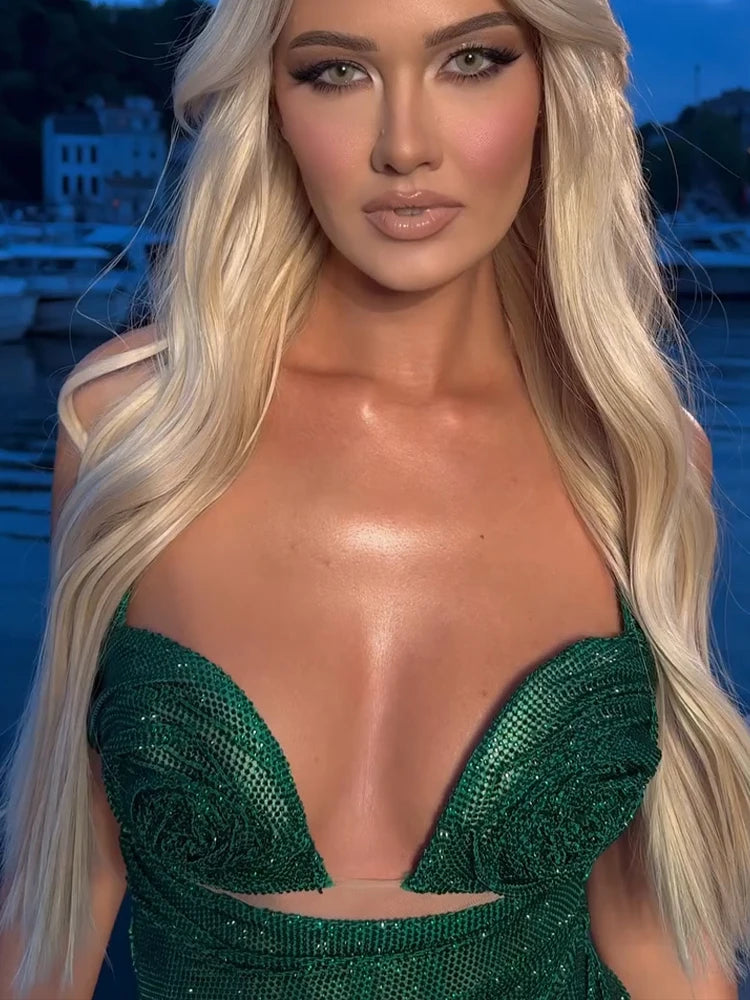 Women Sexy Emerald Green Strapless Sequin Gown With 3D Flower Detail