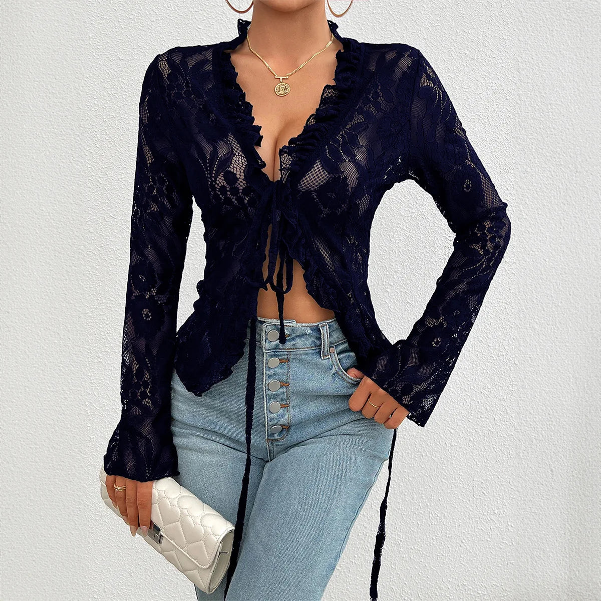 Spring Summer Sexy Slim Fit Long Sleeved Women Lace
