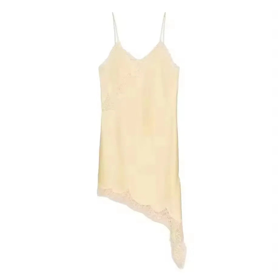 Women Lace Satin Dress Asymmetrical Lace Hem Spaghetti Strap