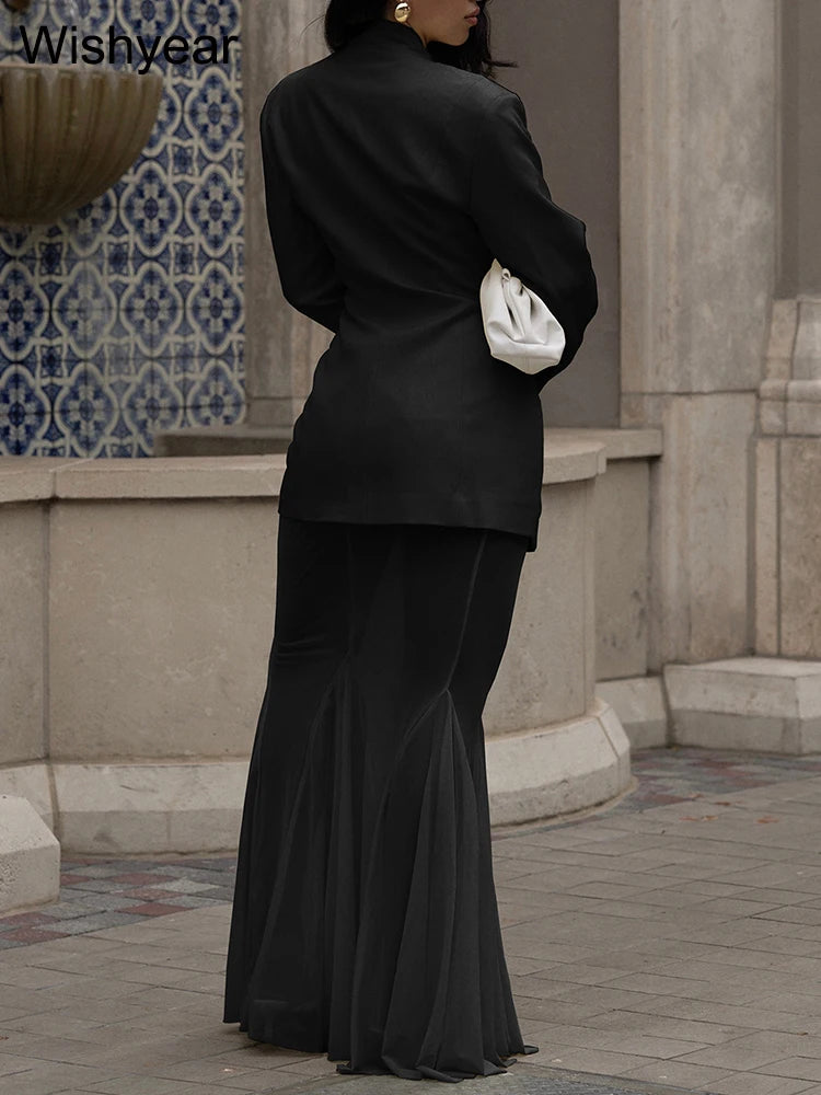 Elegant 2-Piece Office Dress Set for Women Apricot Blazer Coat Mesh Long Skirt Outfit Fashion Birthday Evening Party Guest Wear