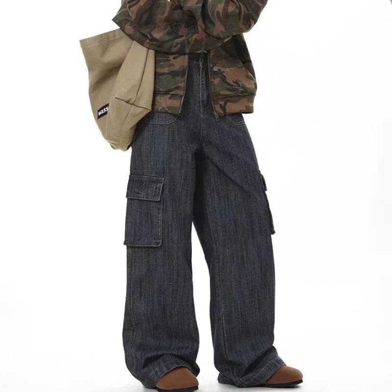 Korean Retro Men'S Loose Wide Leg Jeans High Street Straight Leg Pants Casual Jeans Multi Pocket Work Pants