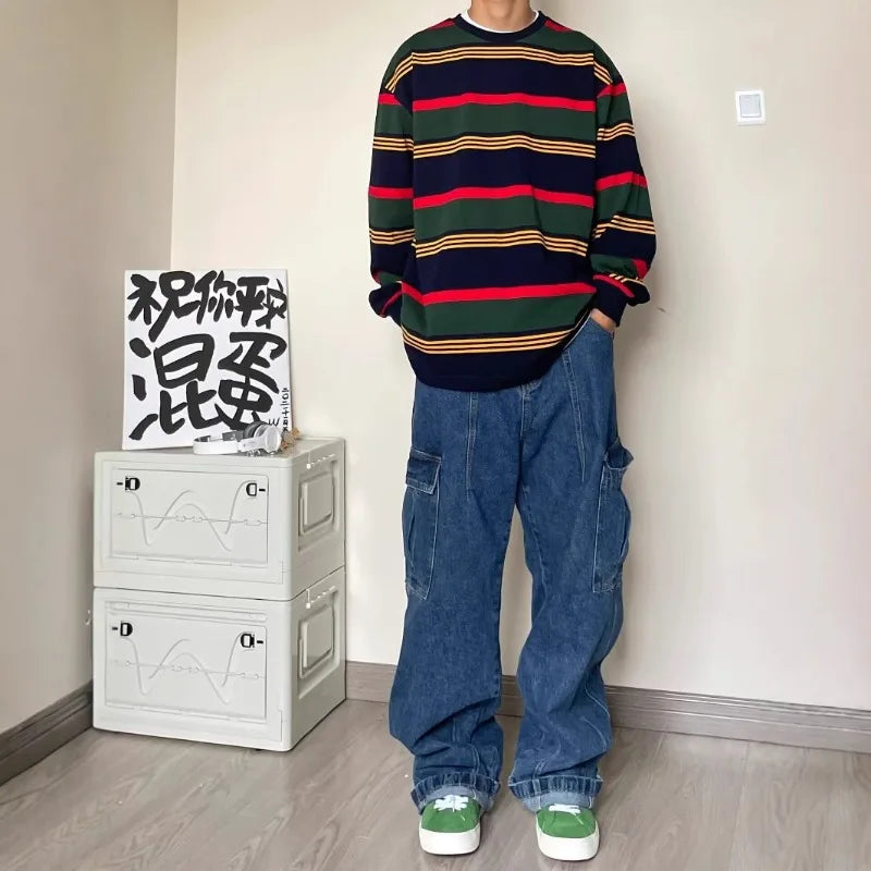 Spring And Autumn Vintage Wide Leg Big Pocket Overalls Men Y2K Neutral Loose Straight Leg Casual High Street Hip Hop Jeans