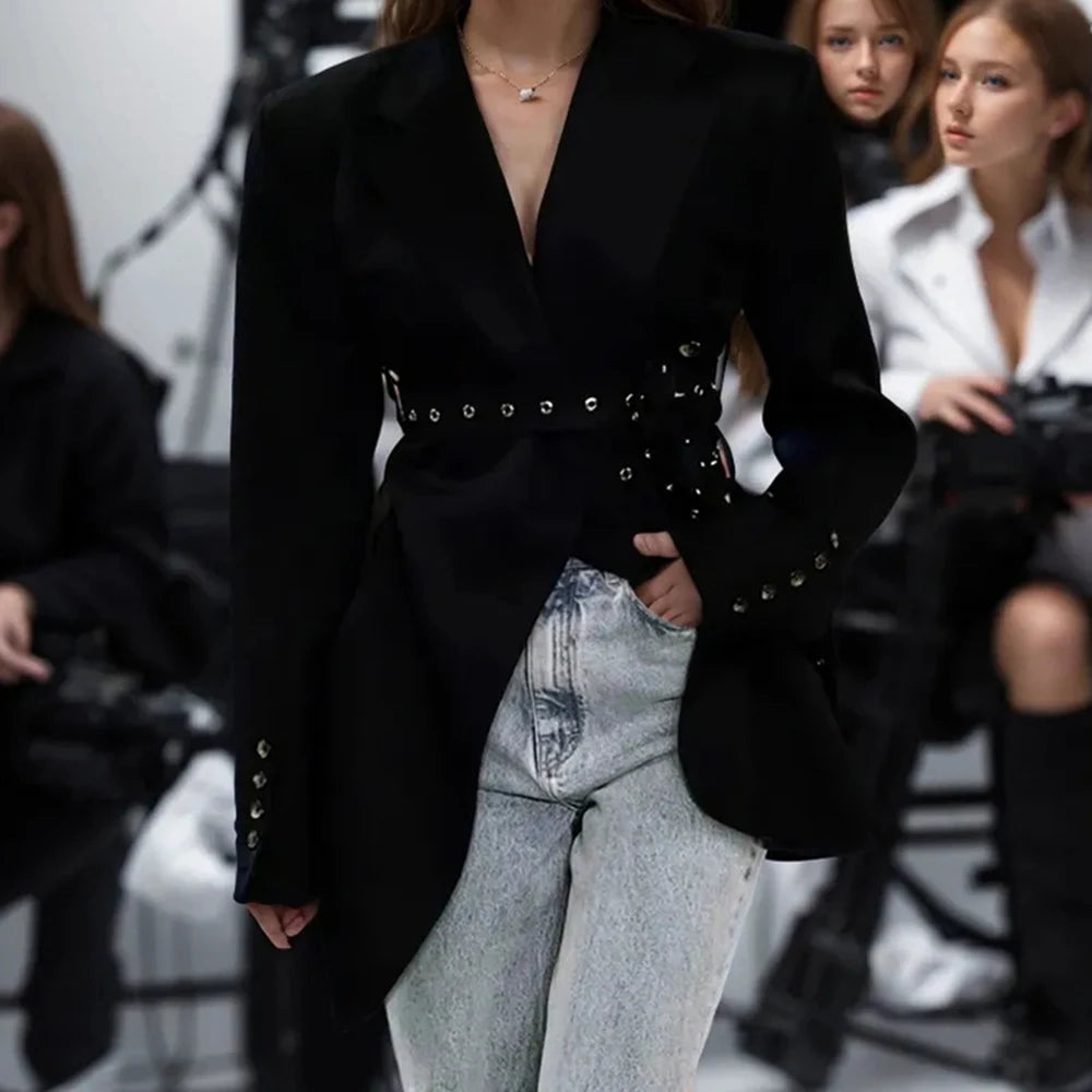 VGH Fashion Patchwork Belts Blazers For Women Notched Collar Long Sleeve Hit Color Casual Temperament Blazer Female Fashion New