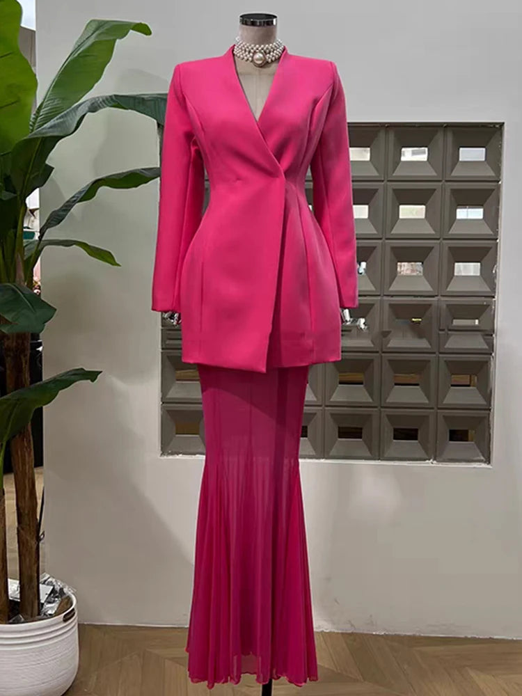 V-neck cinched waist mid-length suit three-piece set for autumn 2025 women's wear + see-through fishtail skirt set + shorts