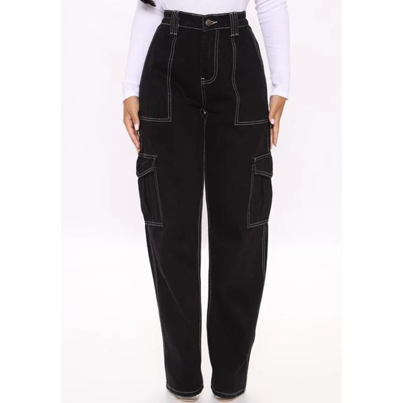 Woman High Waist American Cargo Jeans Lady Straight Leg Cross Pants Girls Fashion Light Blue Dark Blue Black Gray Denim Trousers