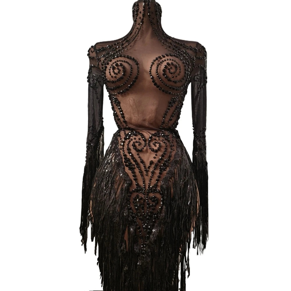 Sparkly Rhinestones Tassels Birthday Celebrate Evening Dress