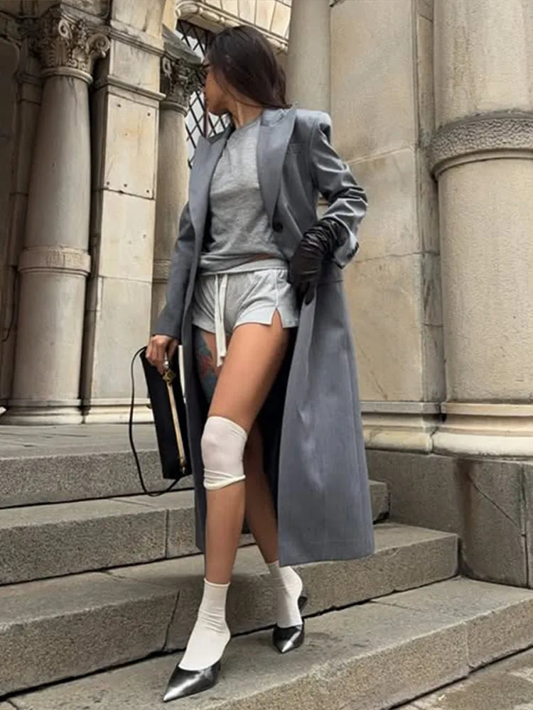 Elegant Solid Blazers Coat Women Gray Long Closed Waist V-neck Single Breasted Loose Coats Female 2025 Autumn Lady Outwears